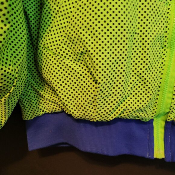 Retro Big Dogs Reversible Fleece Puffer Coat Neon Lime Green Polka Dot Dk Blue - Picture 7 of 16